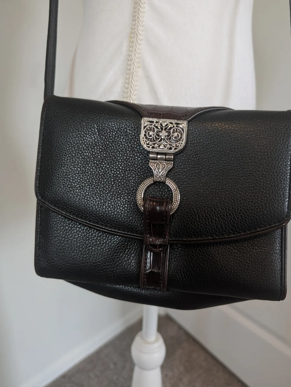 Brighton Black Pebbled Leather Crossbody with Silver Filigree Hardware